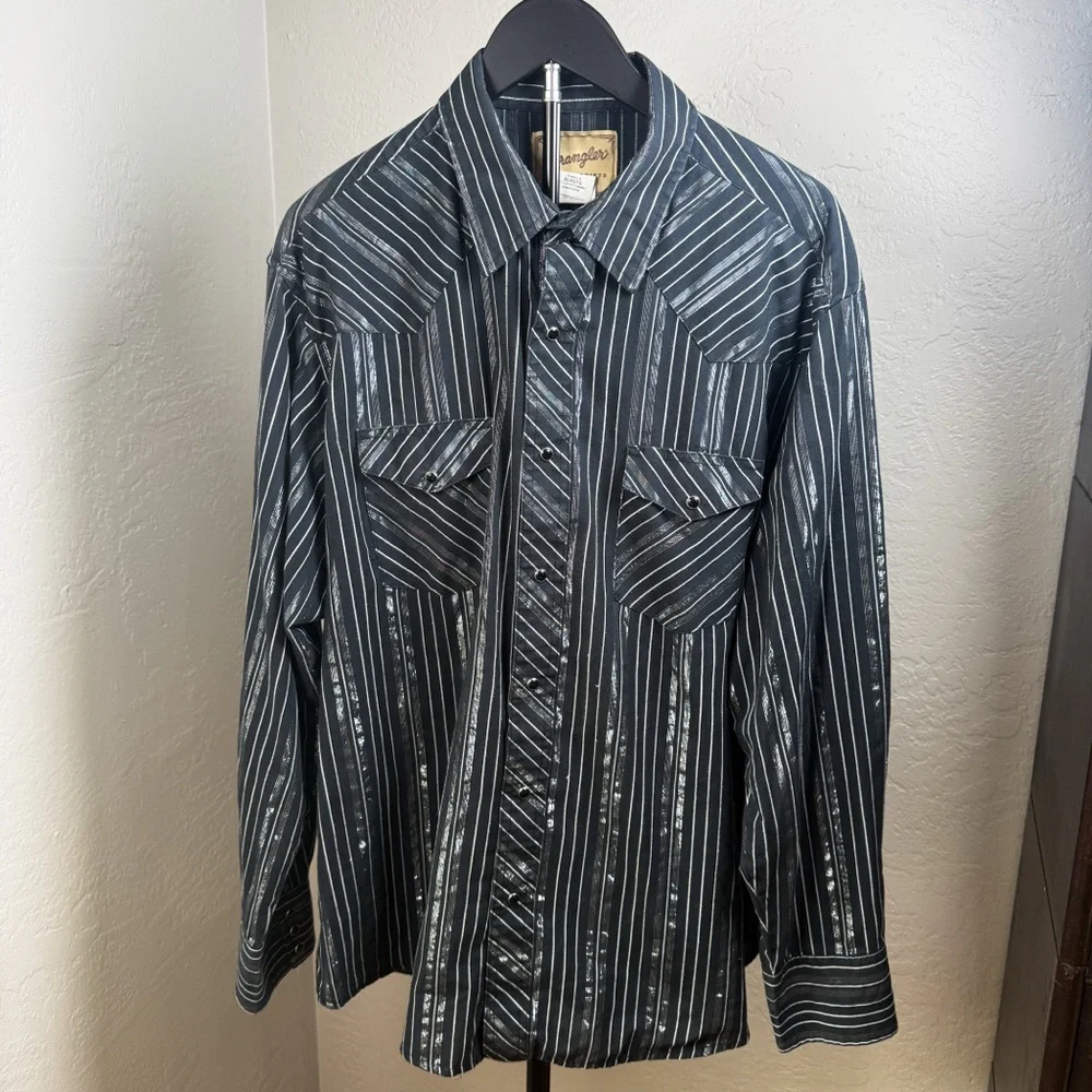 Wrangler Western Striped Metallic Snap Shirt Black Silver Size XL